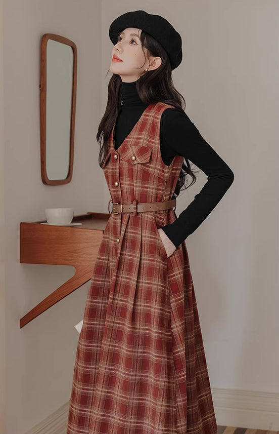 Ginger Plaid Pinafore Midi Dress (2 Colors)