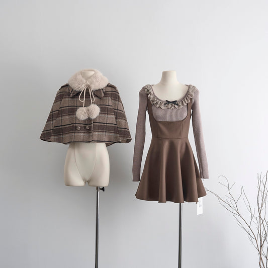 Mint Cocoa Plaid Capelet & Dress Set (Khaki)