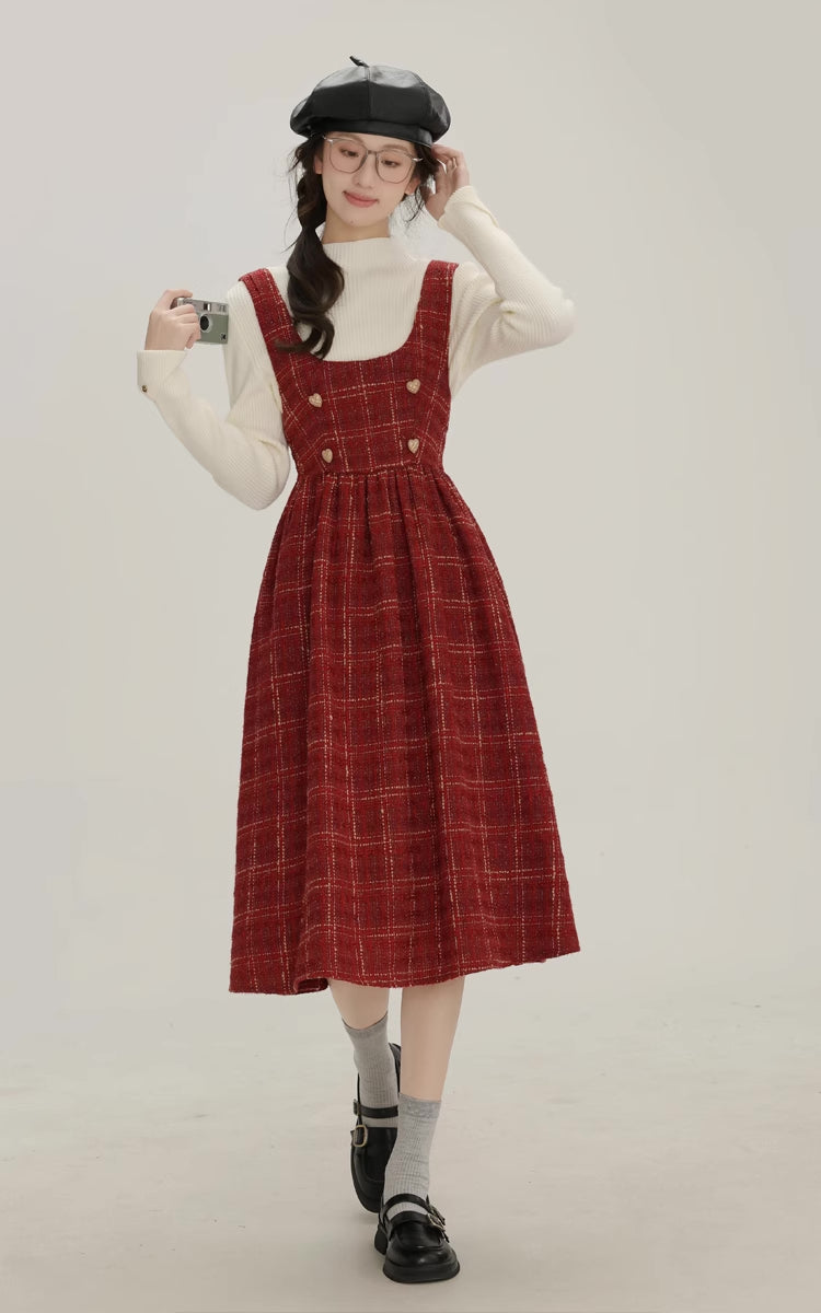 Sweet Apple Pie Plaid Pinafore Dress (Red)