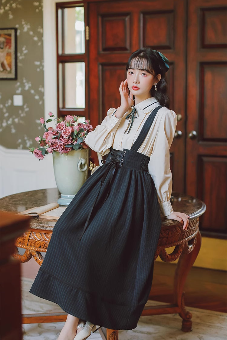 Long Sleeve Crepe Suspender Skirt Set (2 Colors)