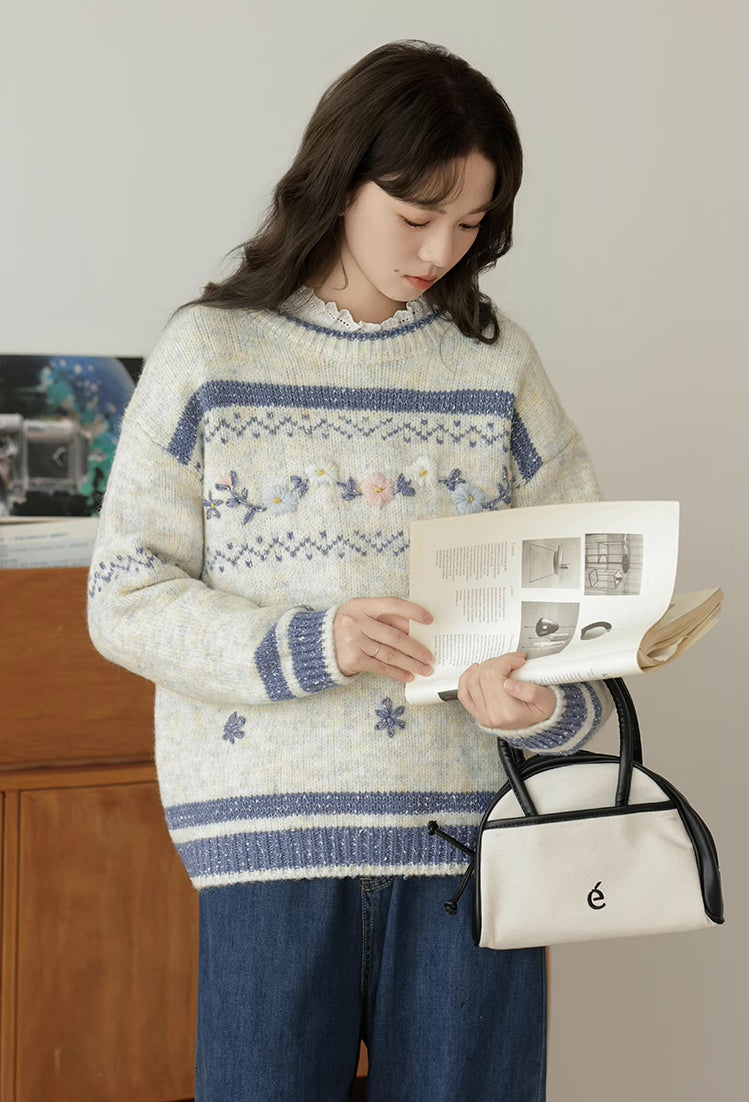 Embroidered Floral Fair Isle Sweater (Off-White)