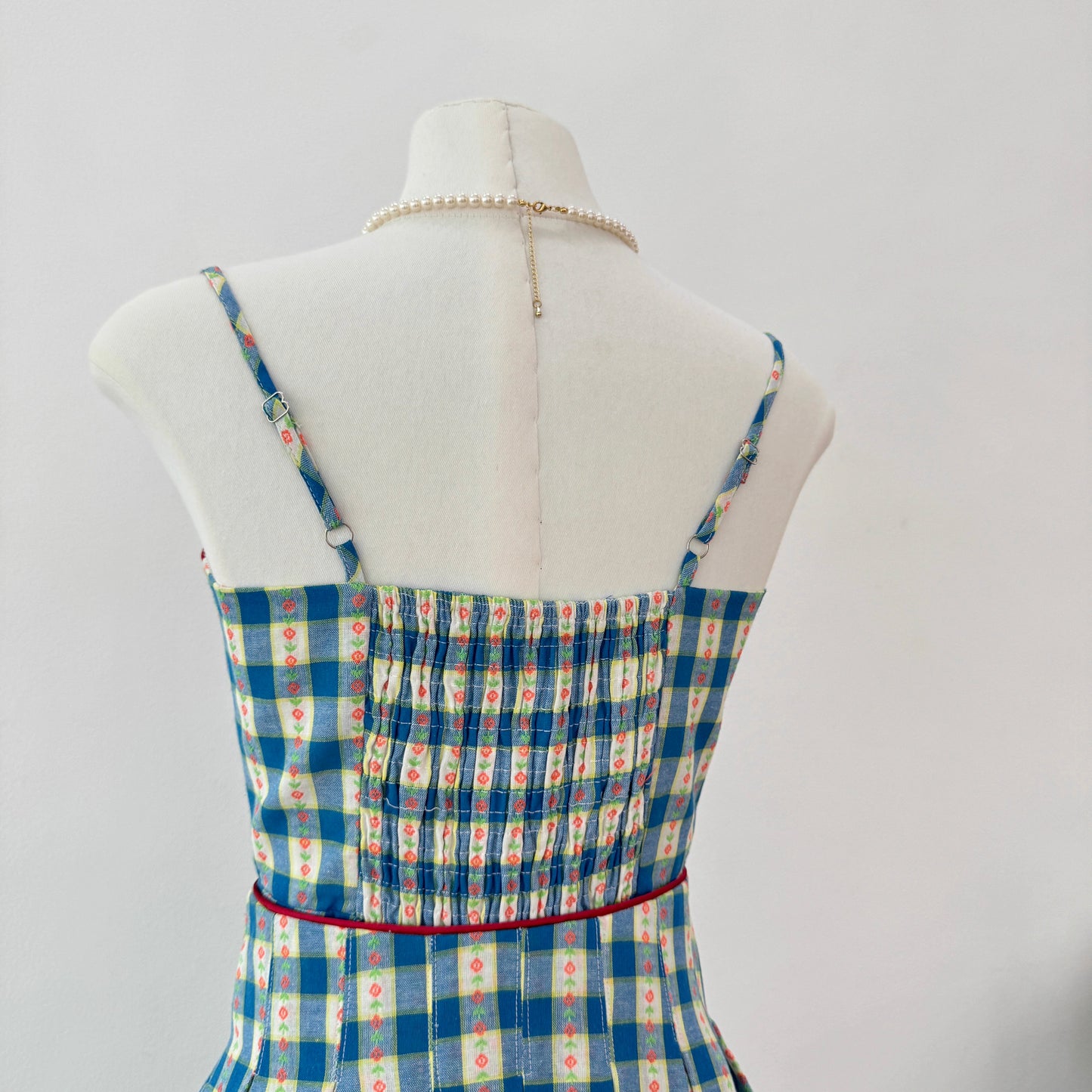 Vintage Gingham Floral Cami Dress (Blue)