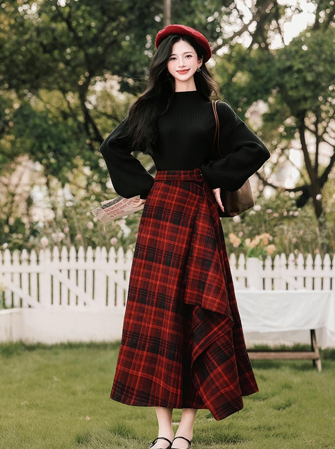 Lingonberry Plaid Asymmetrical Midi Skirt (Red/Black)