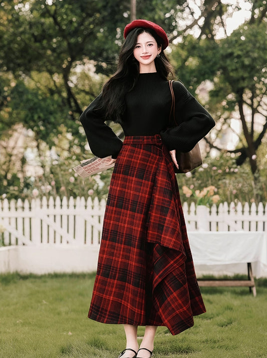 Lingonberry Plaid Asymmetrical Midi Skirt (Red/Black)