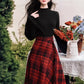 Lingonberry Plaid Asymmetrical Midi Skirt (Red/Black)