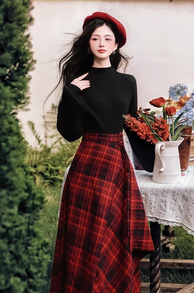 Lingonberry Plaid Asymmetrical Midi Skirt (Red/Black)