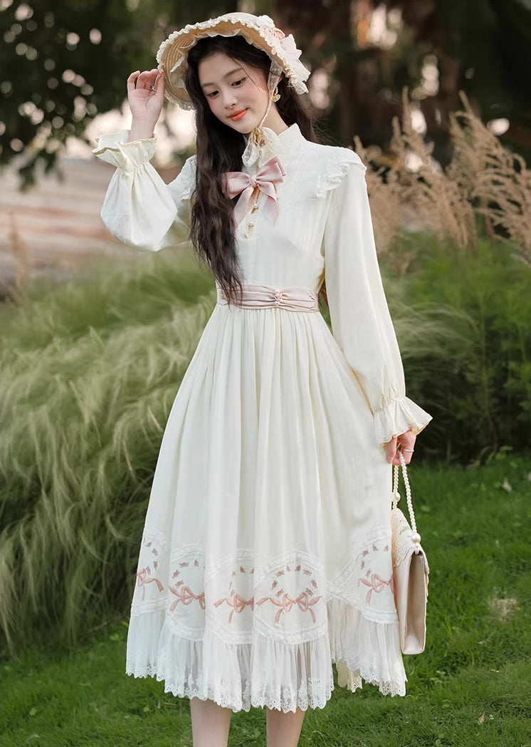 Rosy Bows Midi Dress (White)
