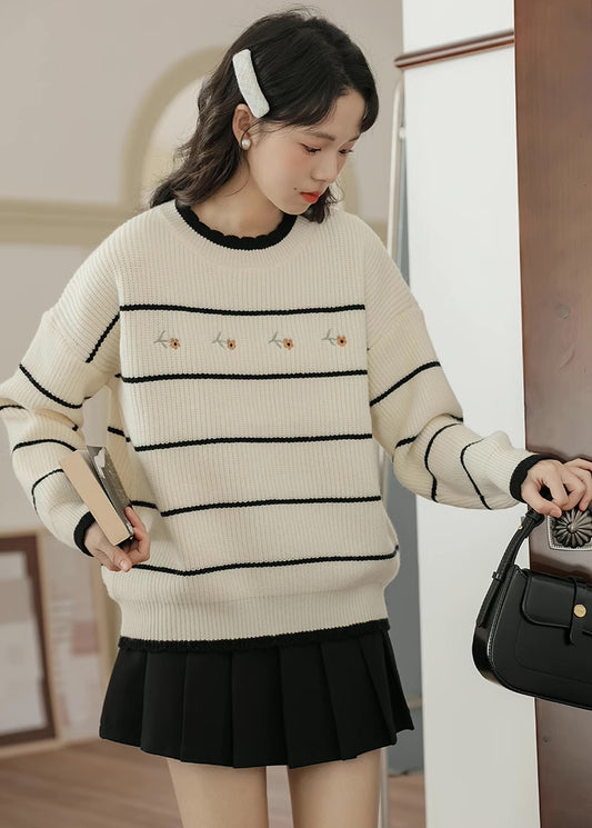 Emily Floral Stripe Sweater (White/Black)