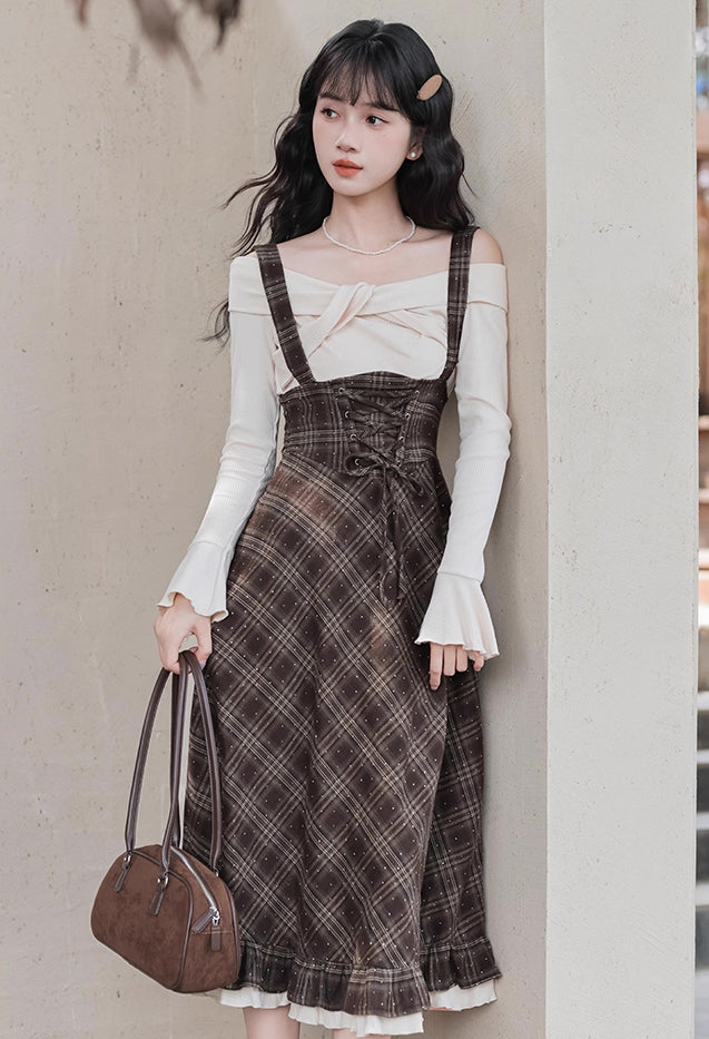 Snowy Plaid Twofer Suspender Midi Dress (Cream/Brown)