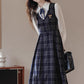 Oxford Plaid Midi Pinafore & Blouse Set (Navy)