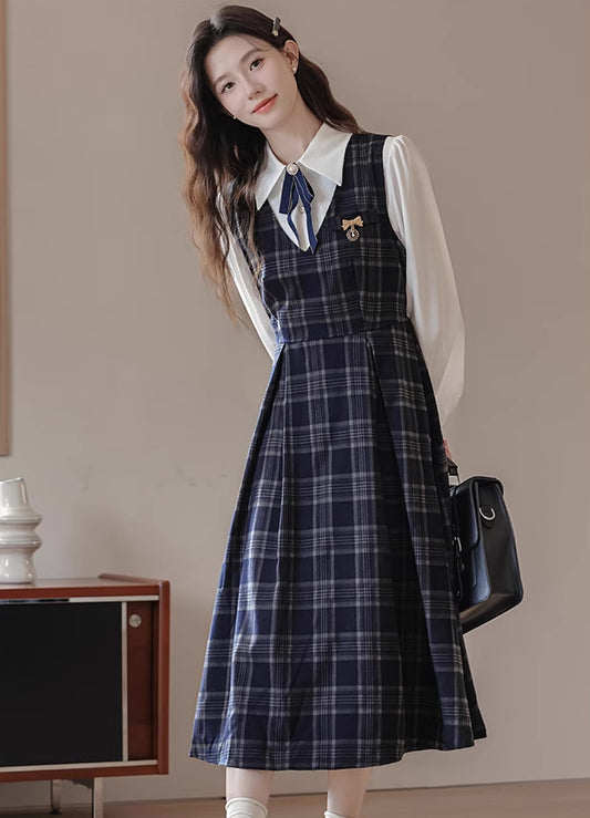 Oxford Plaid Midi Pinafore & Blouse Set (Navy)