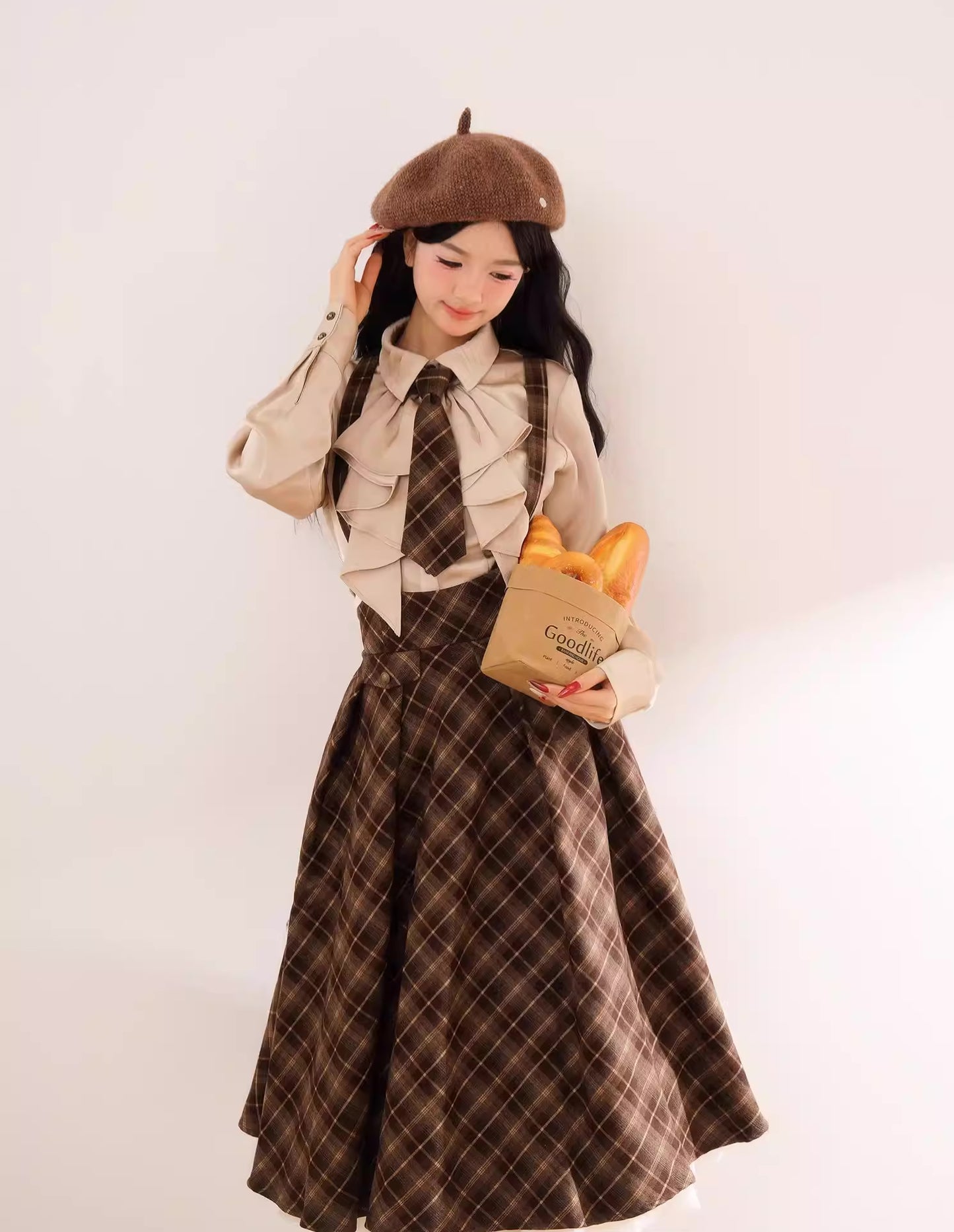 Newsgirl Plaid Suspender Skirt & Blouse Set (2 Colors)