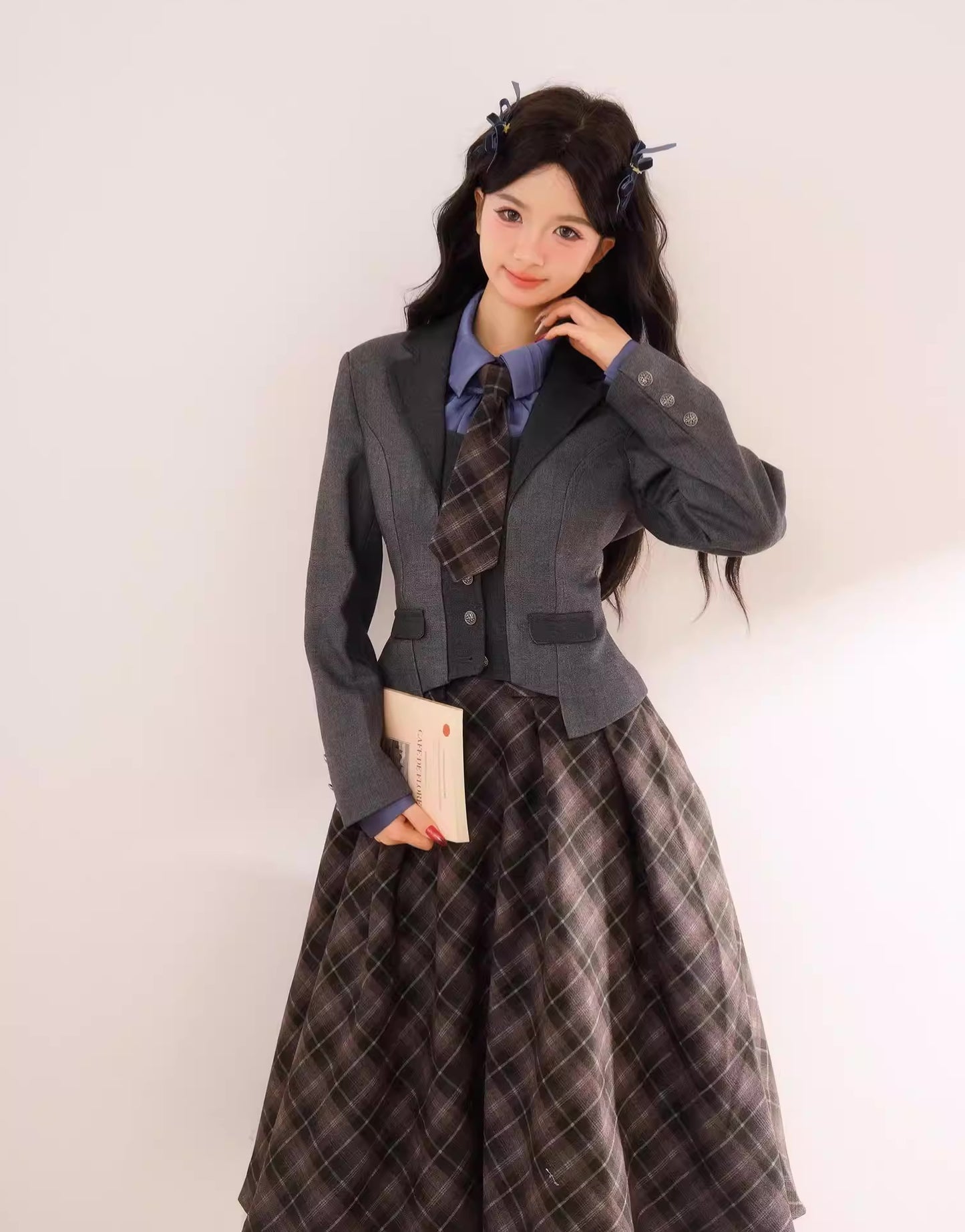 Newsgirl Plaid Suspender Skirt & Blouse Set (2 Colors)