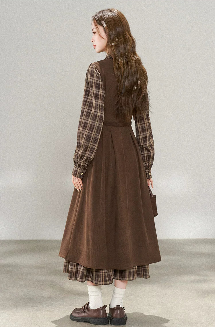 Chocolate Plaid Corduroy Twofer Midi Dress (Brown)