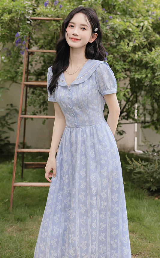 Floral Stripe Midi Dress (Blue)