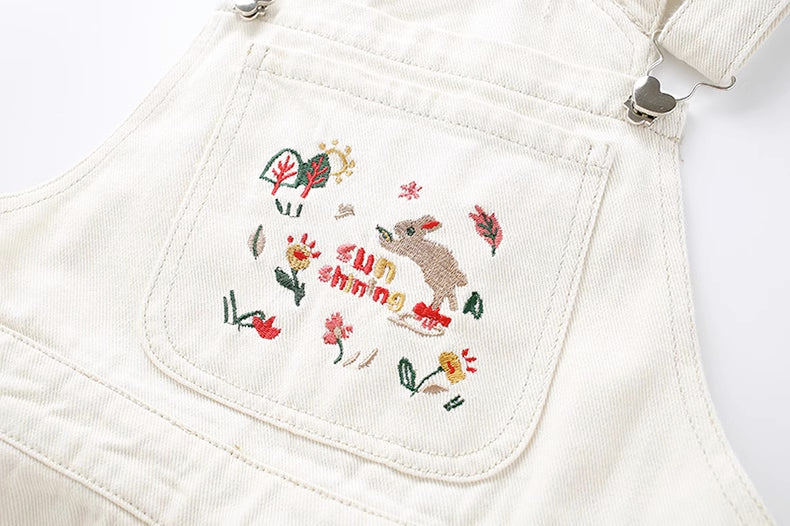 Sun Shining Embroidered Overalls (White)