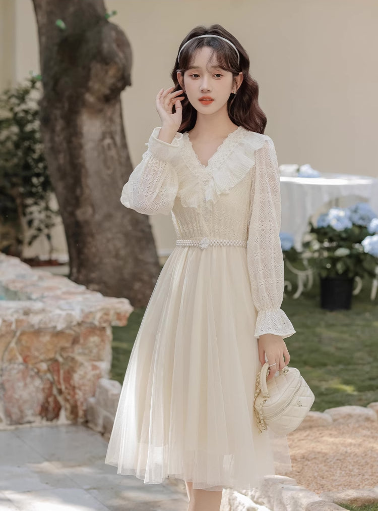 V-Neck Lace & Tulle Midi Dress (2 Colors)