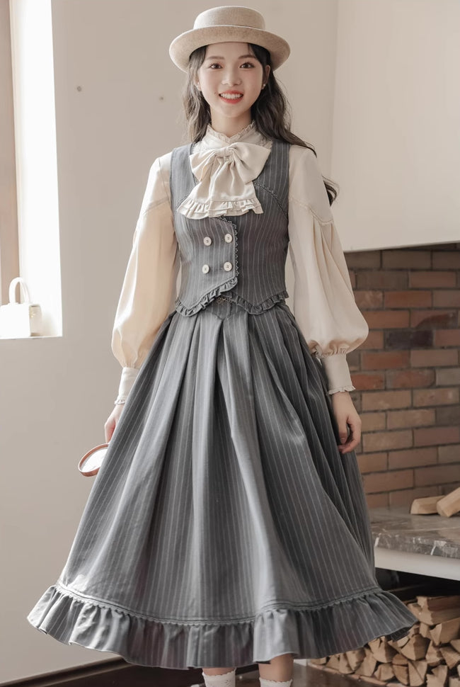Victoria Stripe Midi Skirt (Gray)