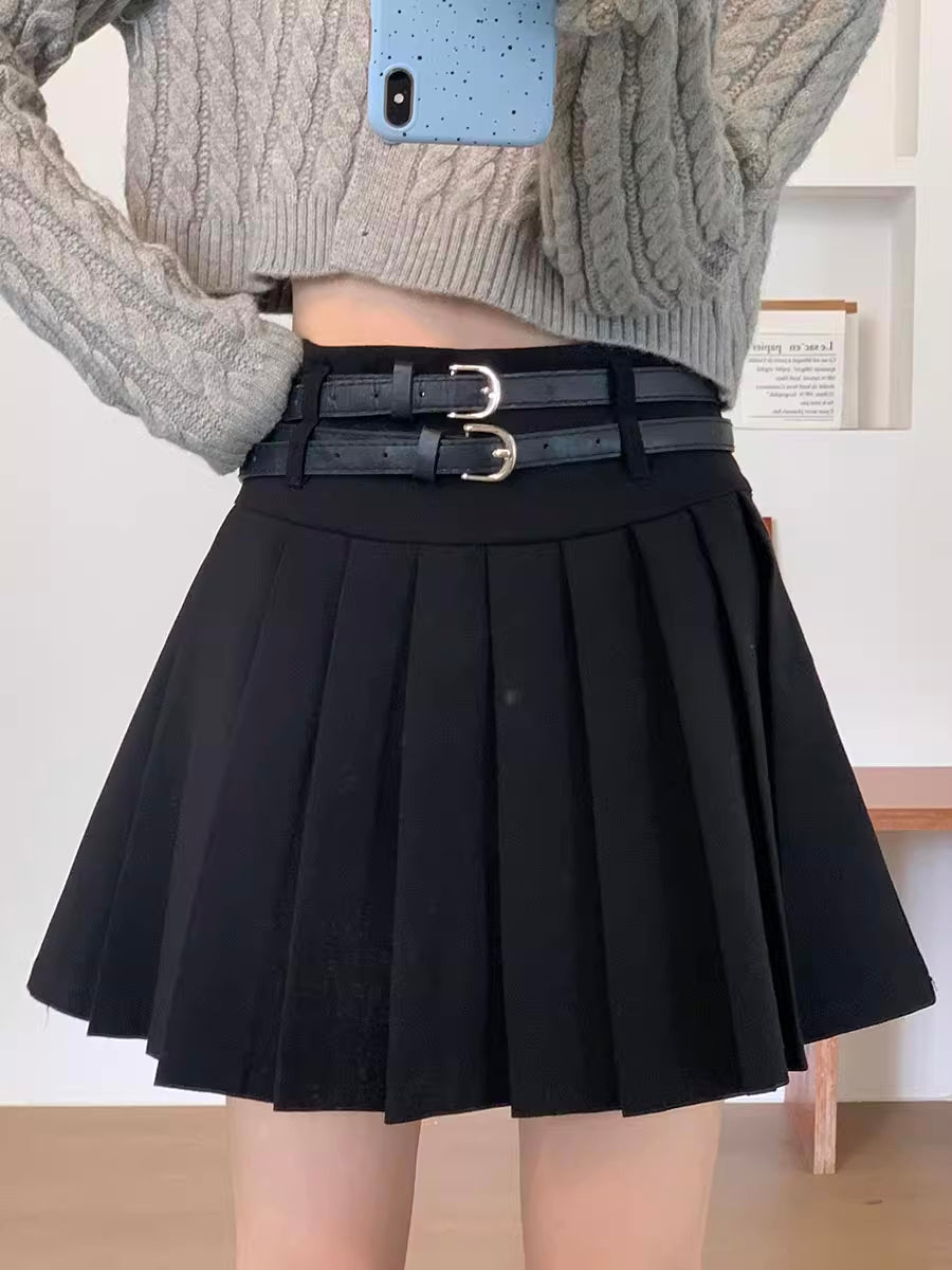 Double Belted Pleated Mini Skirt (5 Colors)