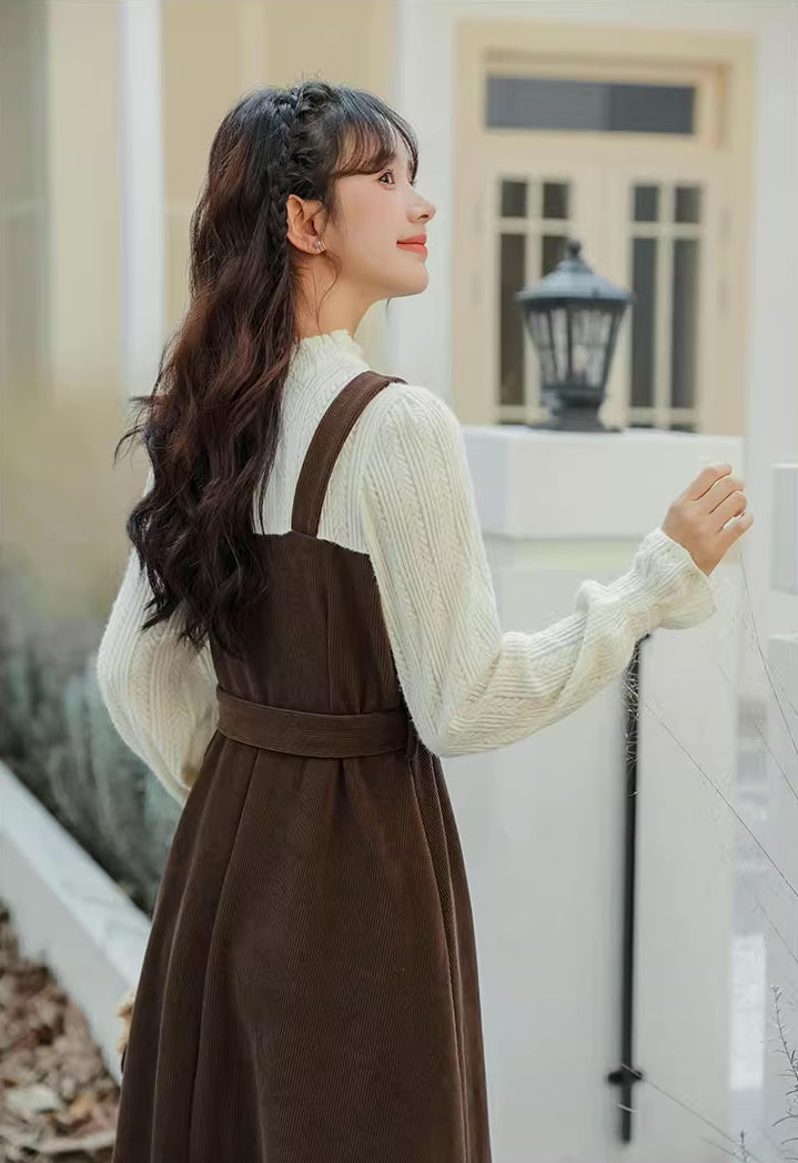 Corduroy Knit Belted Twofer Midi Dress (2 Colors)