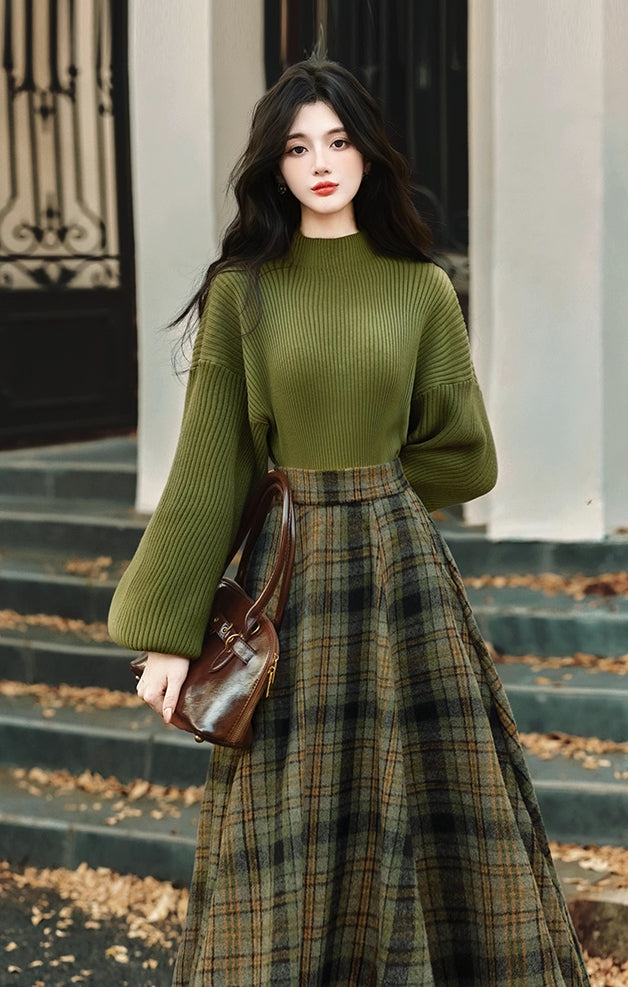 Willow Plaid Sweater & Skirt Set (Green)