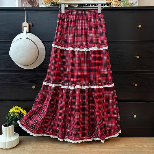 Holiday Plaid Tiered Lace Midi Skirt (Red)