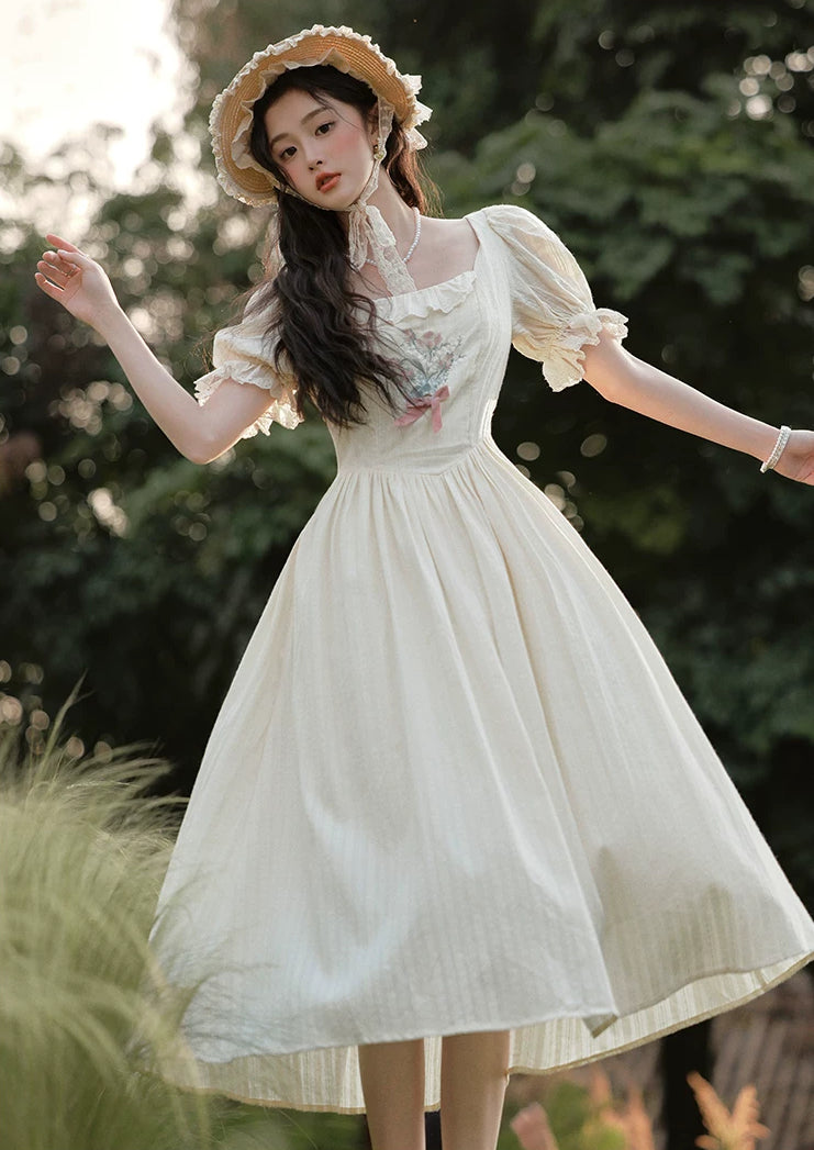 Cottage Flower Midi Dress (Cream)