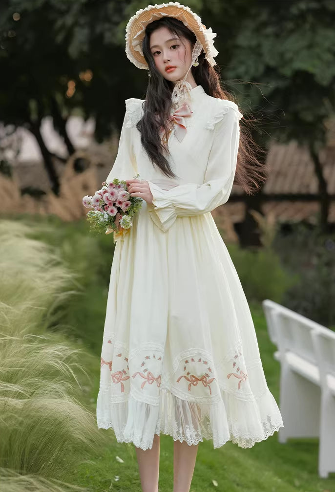 Rosy Bows Midi Dress (White)