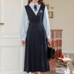 Corduroy Suede Midi Pinafore Dress & Blouse Set (Navy)