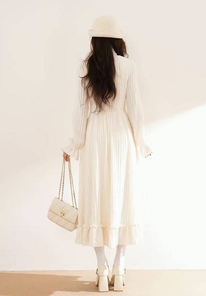 Cherry Pom Pom Turtleneck Sweater Dress (White)