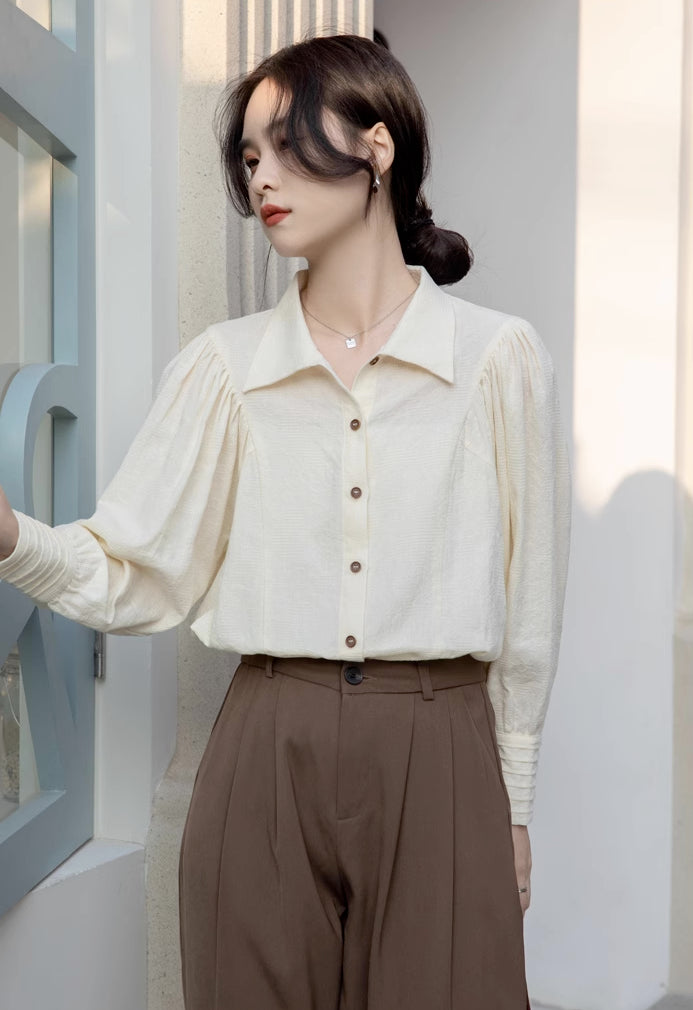 Textured Puff Sleeve Blouse (Cream)