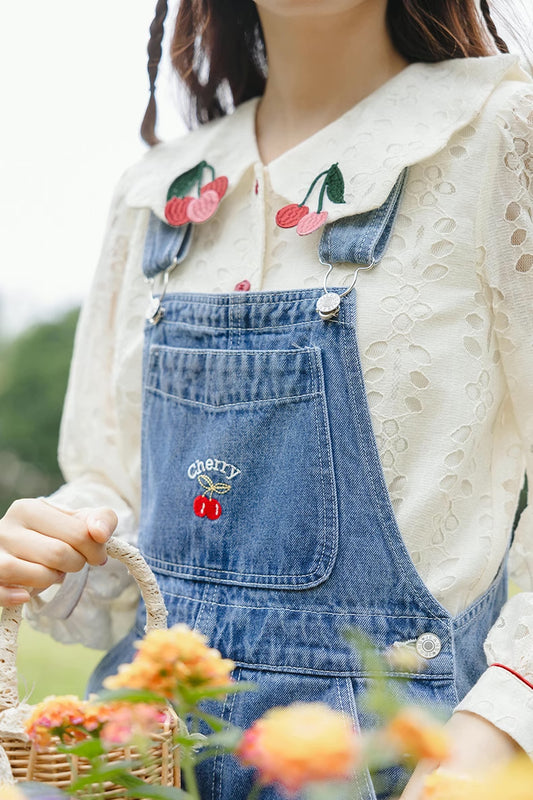 Cherry Denim Overalls (Medium Blue)