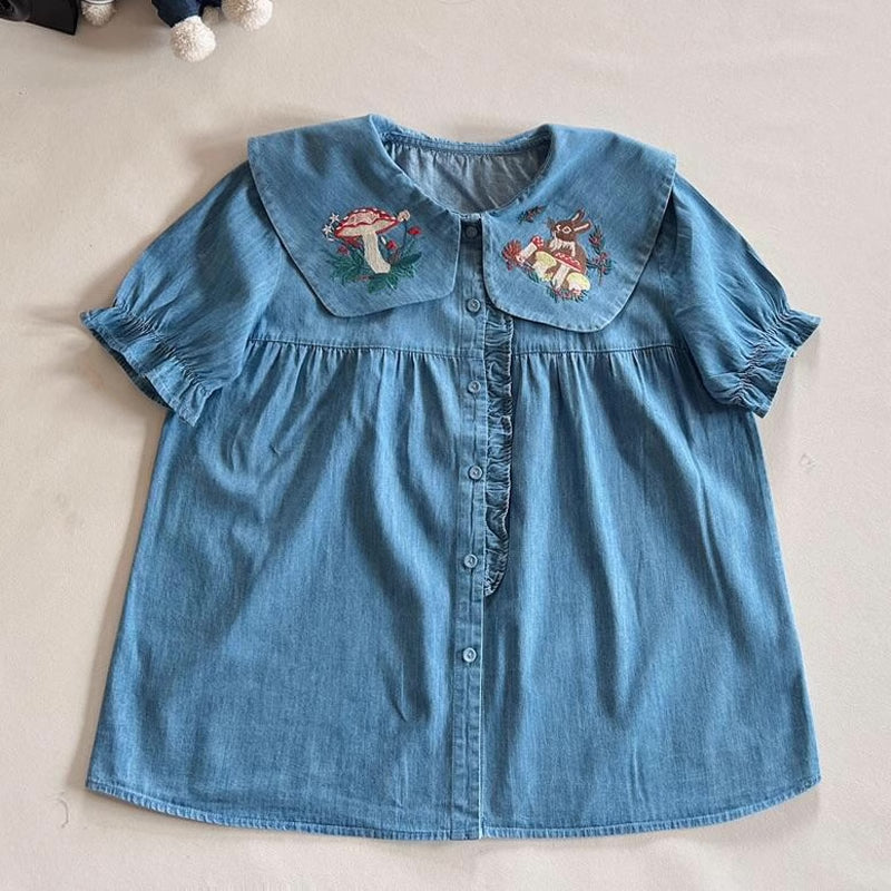 Mushroom Bunny Denim Blouse (2 Colors)