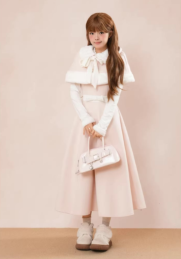 Cotton Candy Capelet & Midi Dress Set (Pink/White)
