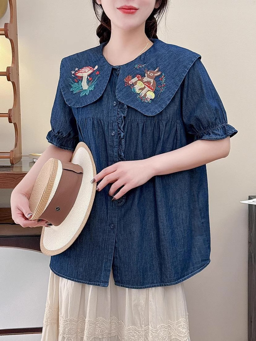 Mushroom Bunny Denim Blouse (2 Colors)