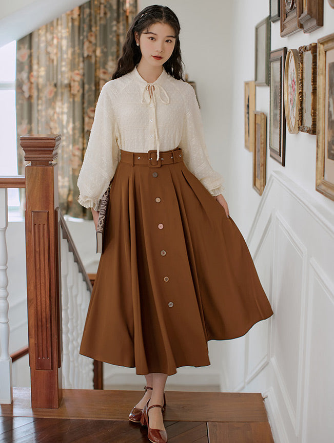 Classic Belted Button Midi Skirt (Brown)