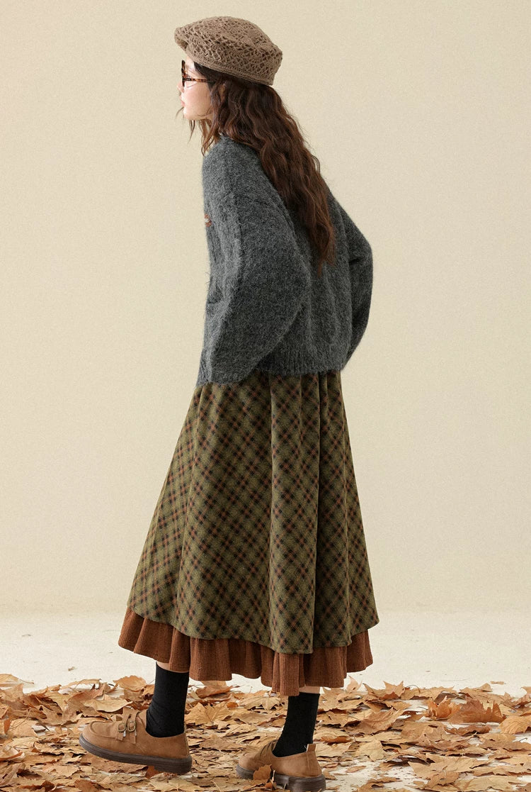 Willow Plaid Pleated Midi Skirt (Green/Brown)