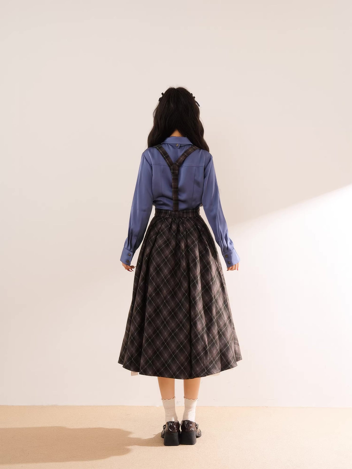 Newsgirl Plaid Suspender Skirt & Blouse Set (2 Colors)