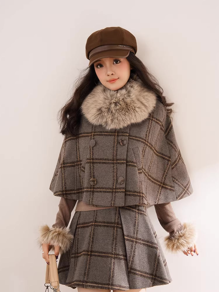 Library Plaid Capelet & Mini Skirt Set (Grey)