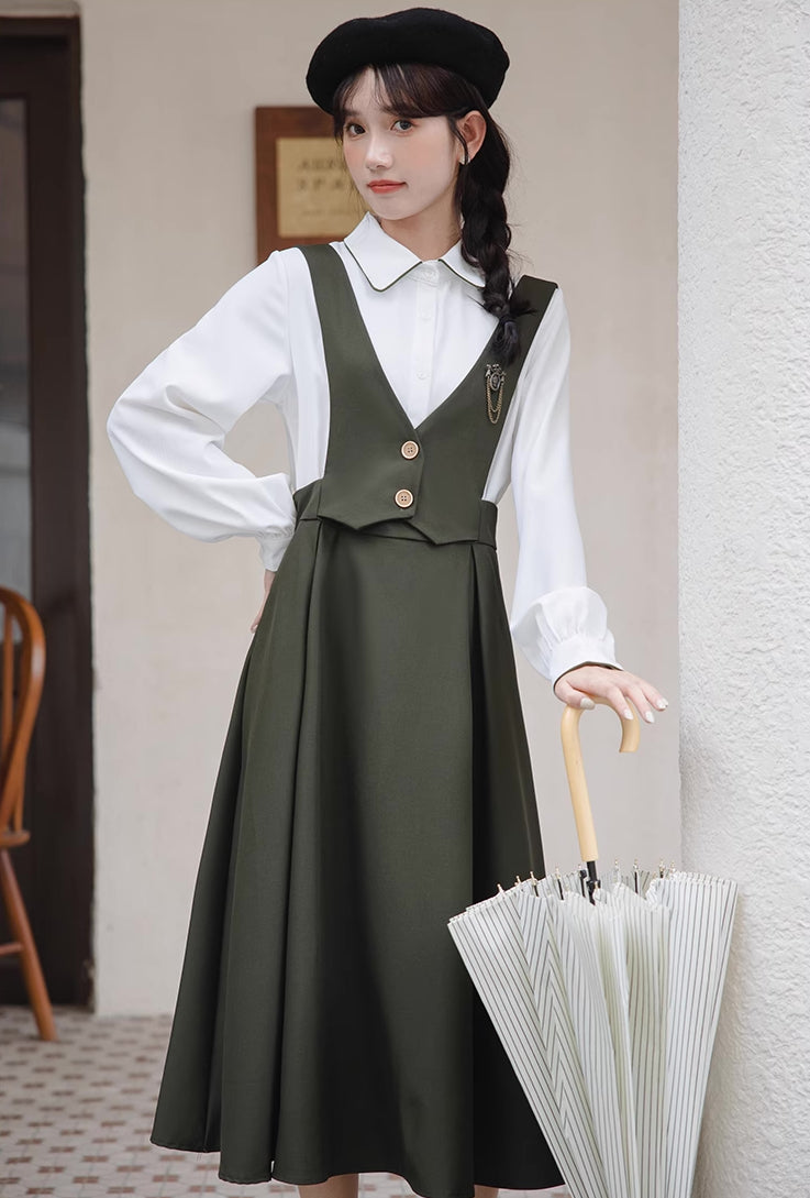 Basic Woven Vest Pinafore Dress / Blouse (2 Colors)