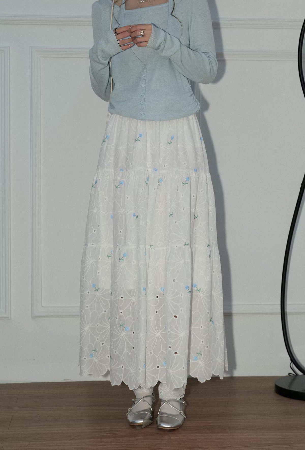 Flower Punch Midi Skirt (White/Blue)