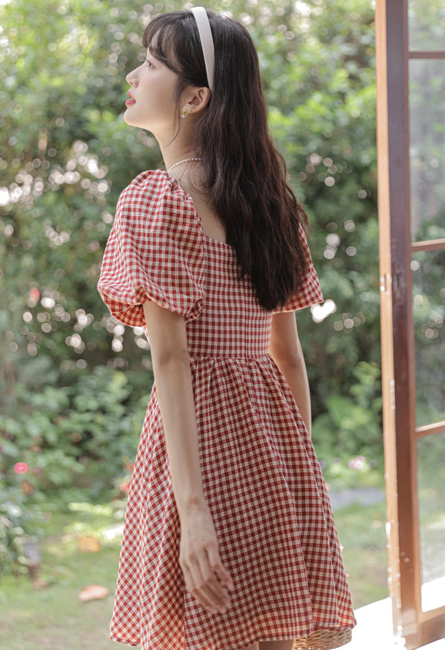 Gingham Puff Sleeve Mini Dress (Red)