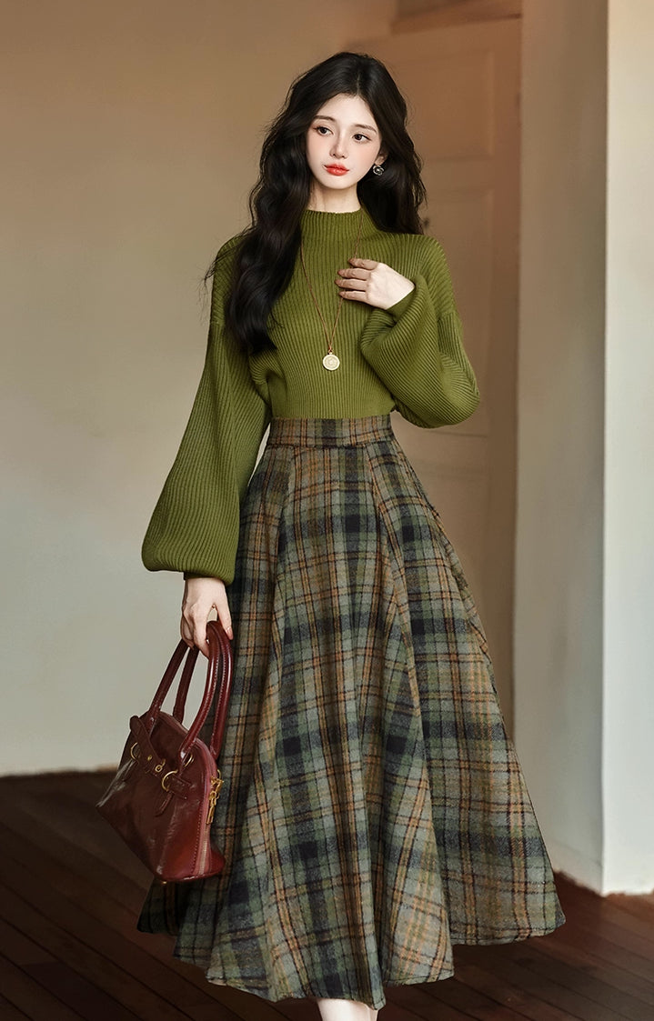 Willow Plaid Sweater & Skirt Set (Green)