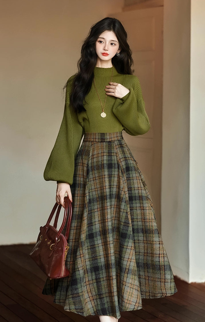 Willow Plaid Sweater & Skirt Set (Green)