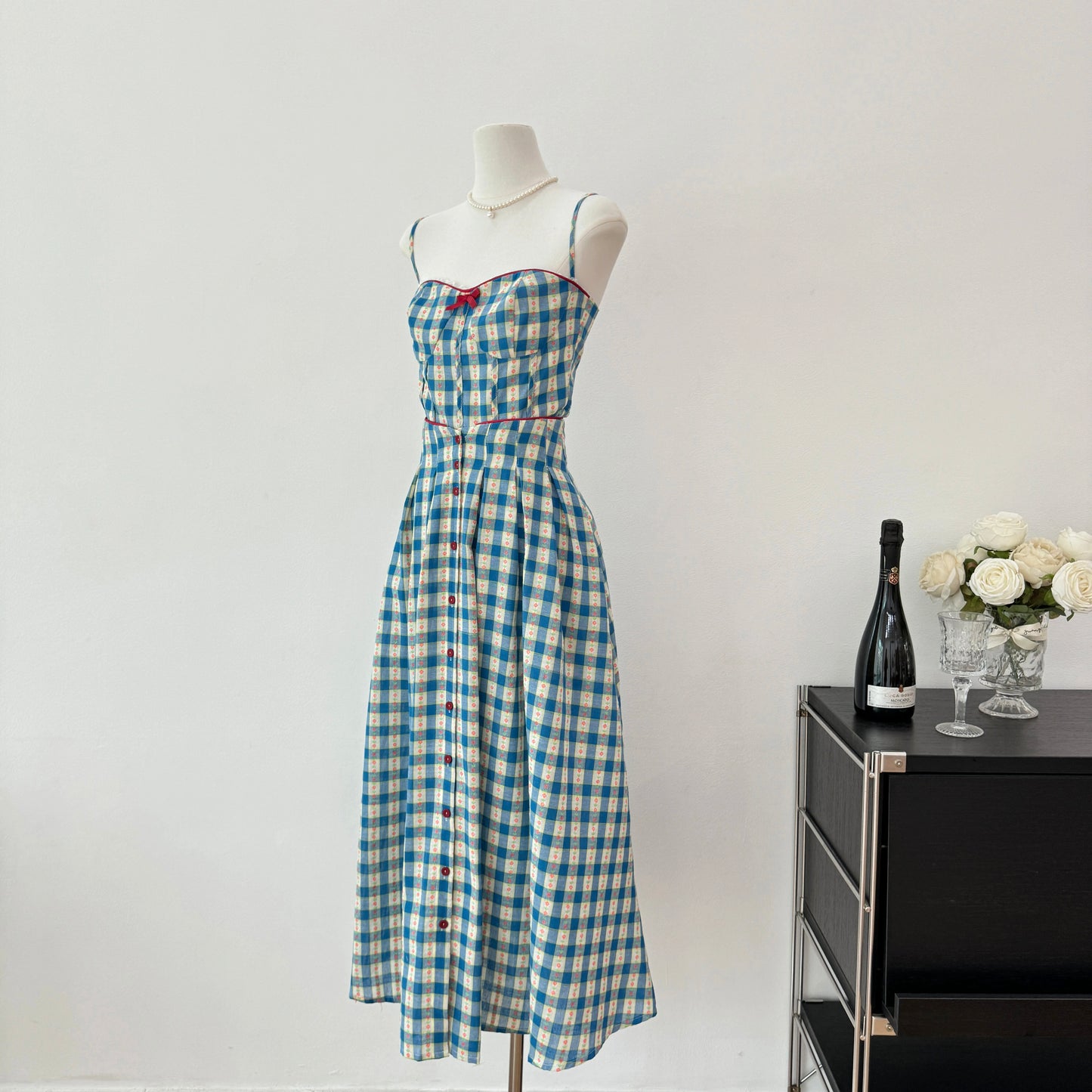 Vintage Gingham Floral Cami Dress (Blue)