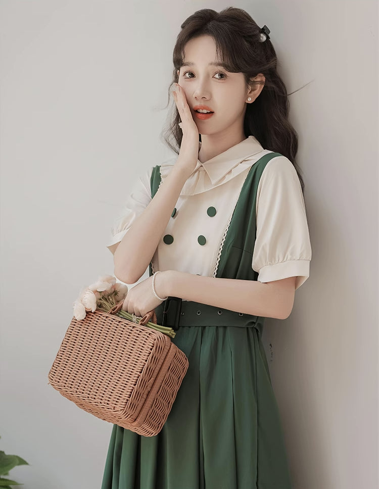 Lolita Short Sleeve Faux Layered Midi Dress (Green)