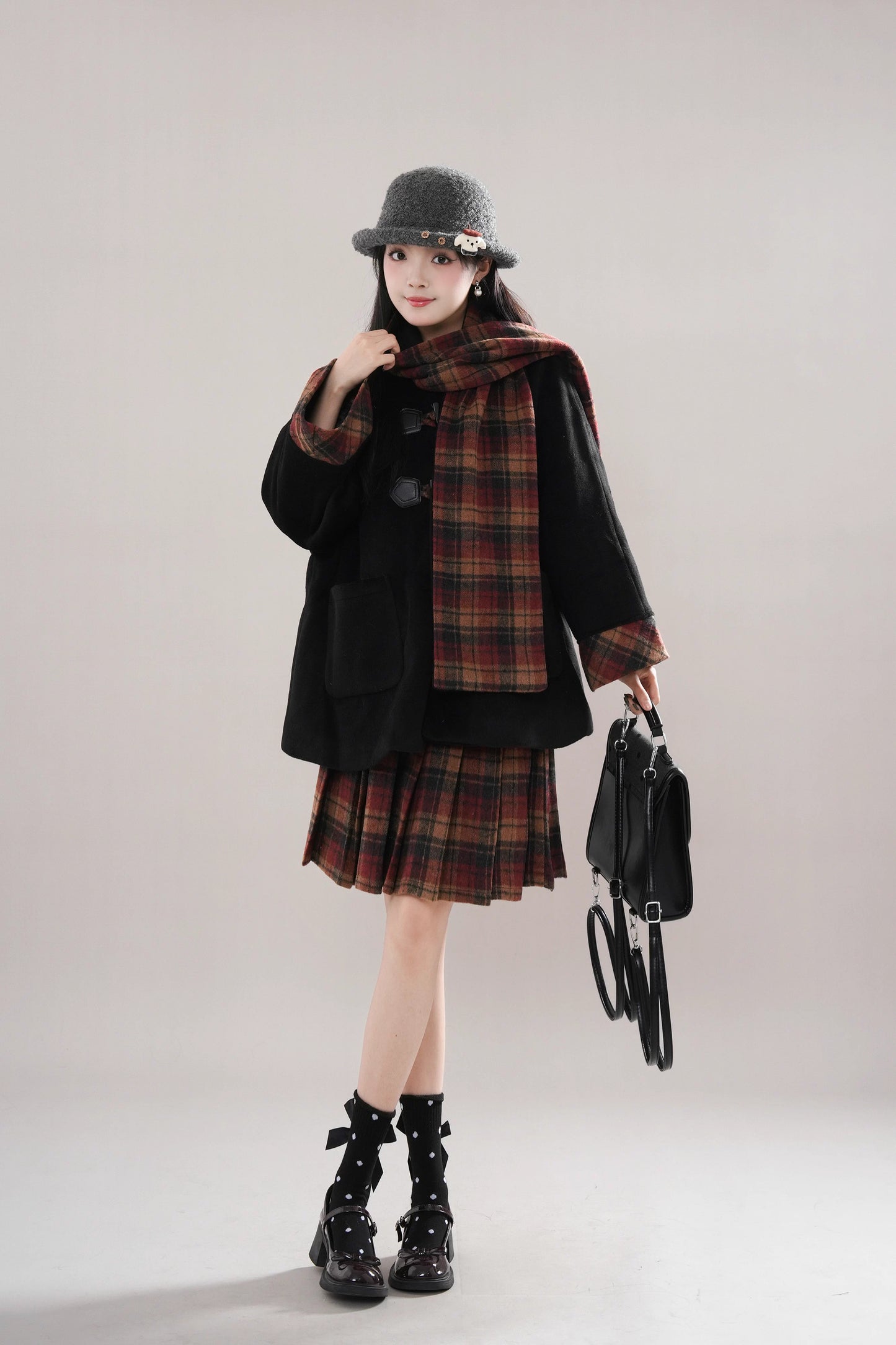 Bookshop Plaid Toggle Jacket & Skirt Set (Black)