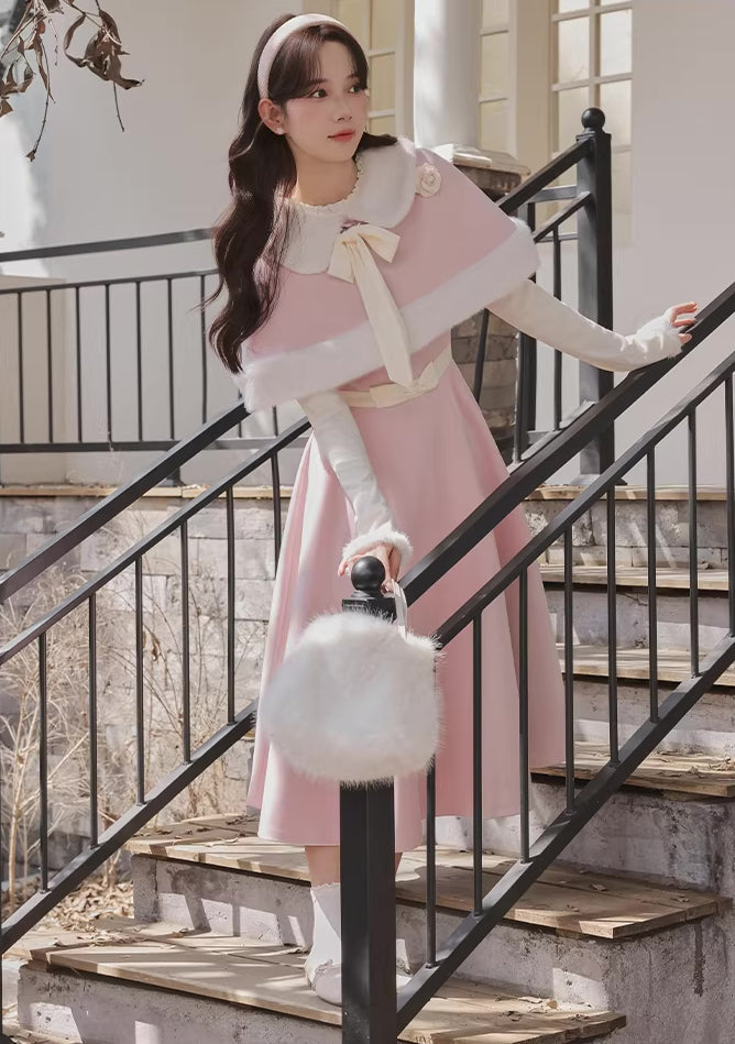 Cotton Candy Capelet & Midi Dress Set (Pink/White)