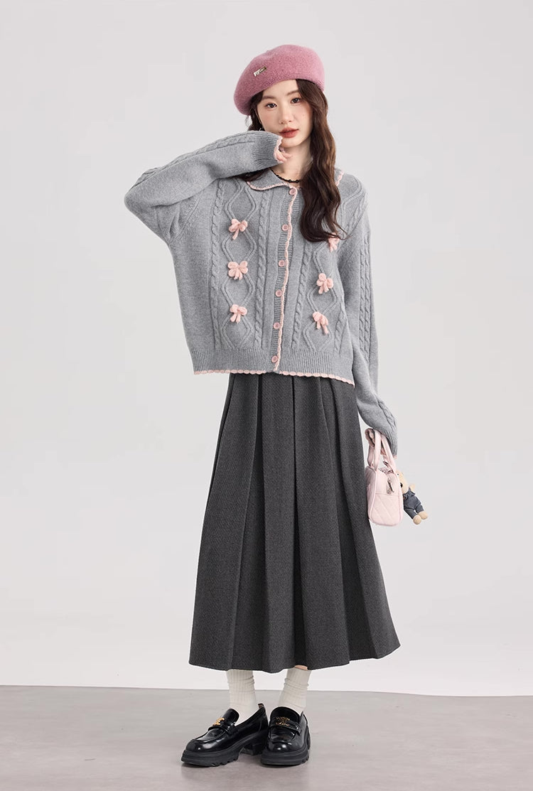 Braided Knit Bows Cardigan (Gray)