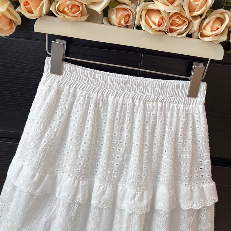 Broderie Tiered Midi Skirt (White)